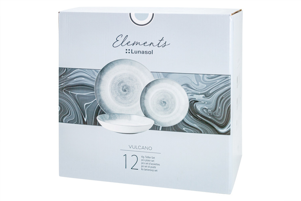 Обеденный сервиз 12 предметов на 4 персоны Lunasol Vulcano Спираль серо-голубой