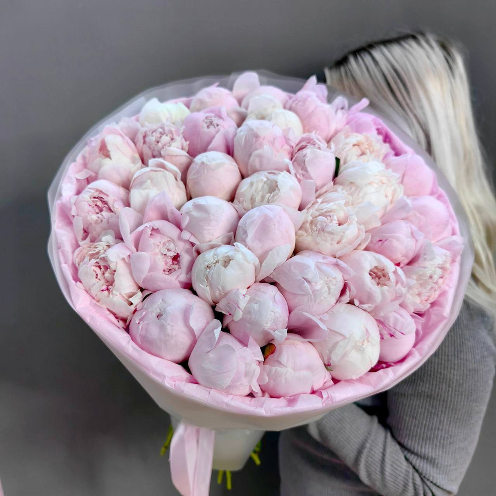 Букет из 35 розовых пионов сорта "Сара Бернар"