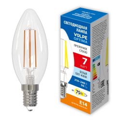 LED-C35-7W-4000K-E14-CL-SLF Лампа светодиодная. Форма свеча. прозрачная. Белый свет 4000K. ТМ Volpe