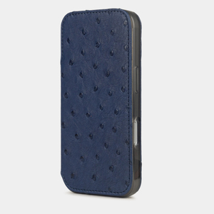 Чехол-книжка кожаная для iPhone 17 Pro, страус синего цвета