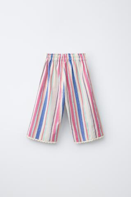 ZARA БРЮКИ WIDE LEG В ПОЛОСКУ С КРУЖЕВОМ, РАЗНОЦВЕТНЫЙ