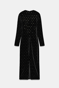 ZARA БАРХАТНОЕ ПЛАТЬЕ МИДИ С БЛЕСТКАМИ, ЧЕРНЫЙ
