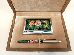 Набор "Розы" визитница и ручка Parker с ручной росписью Палех