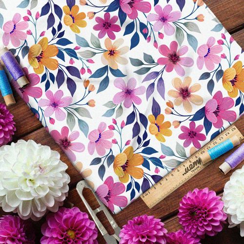 Ткань сатин яркие жёлтые и розовые ромашки на белом фоне