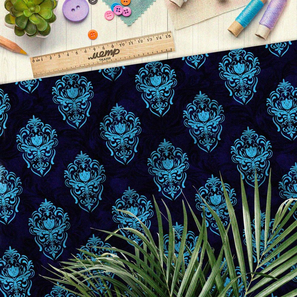 Ткань оксфорд 600 симметричный голубой узор на синем фоне