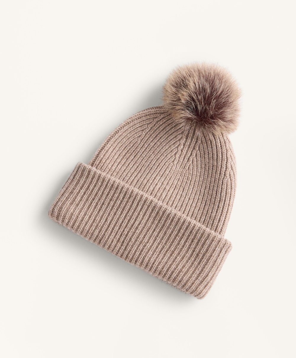 Oysho Вязаная шапка с помпоном из смесовой шерсти, серо-коричневый