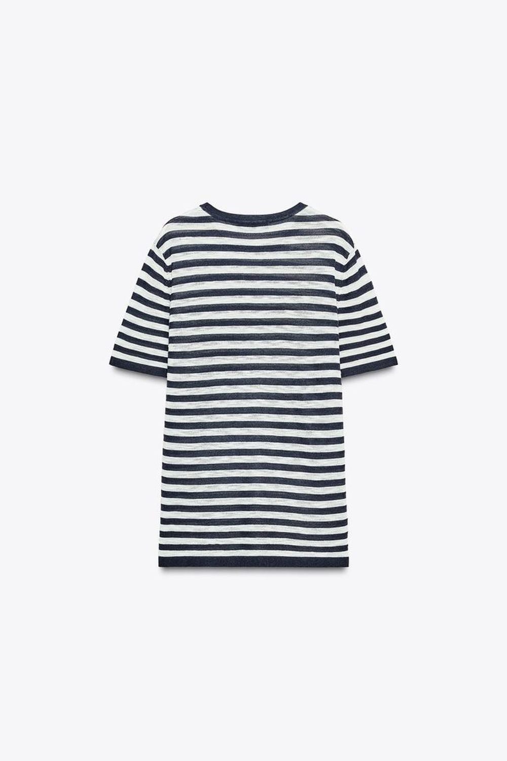 ZARA ПОЛОСАТЫЙ ТРИКОТАЖНЫЙ ТОП С КОРОТКИМИ РУКАВАМИ, ТЕМНО-СИНИЙ/БЕЛЫЙ