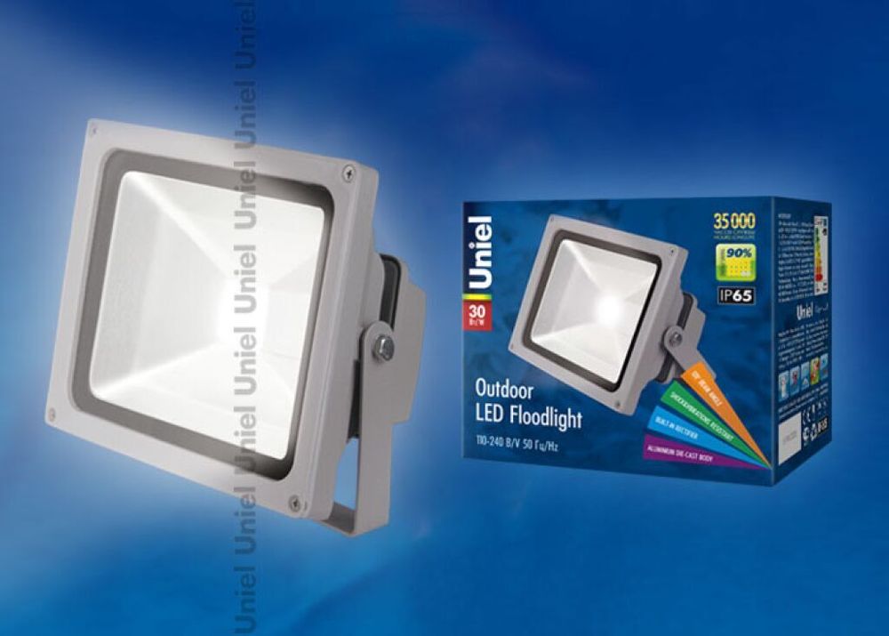 ULF-S01-30W/NW IP65 110-240В Прожектор светодиодный. Корпус серый. Цвет свечения белый. Степень защиты IP65. Картонная упаковка