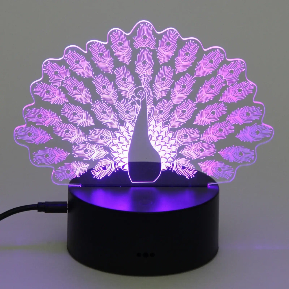 Светильник ночник «3D-Павлин» на пластиковой подставке, с включателем USB