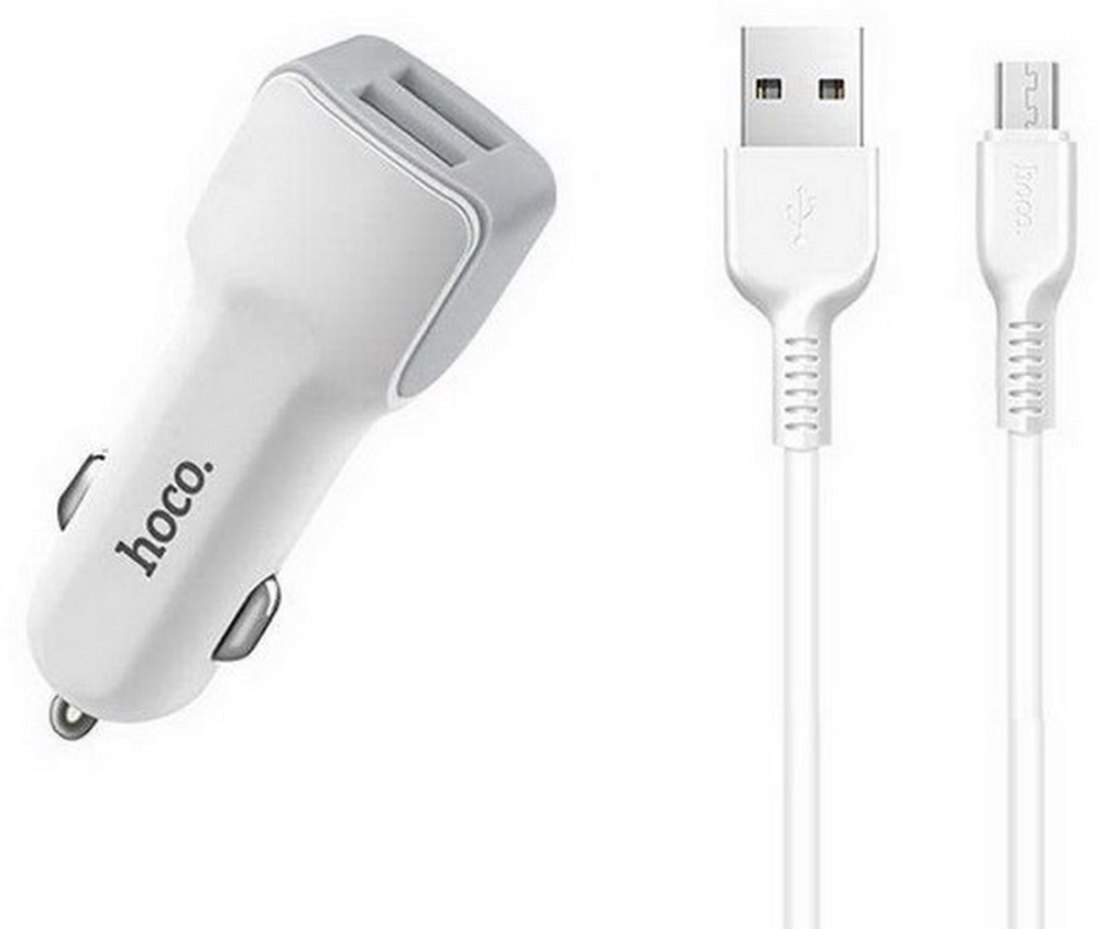 Автомобильный адаптер питания HOCO Z23 2USB 2.4A + кабель Micro (белый)
