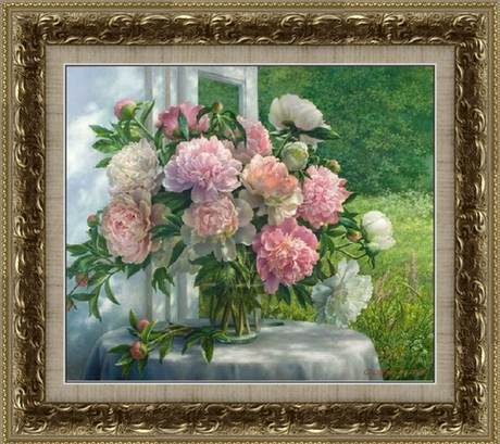 Картина Михаила Сатарова "Пионы у окна" в раме 42х47 см.