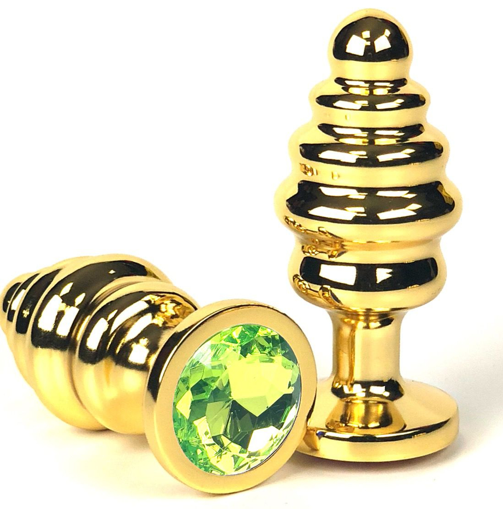 Золотистая ребристая анальная пробка с лаймовым кристаллом - 8,5 см. (Цвет: лаймовый)