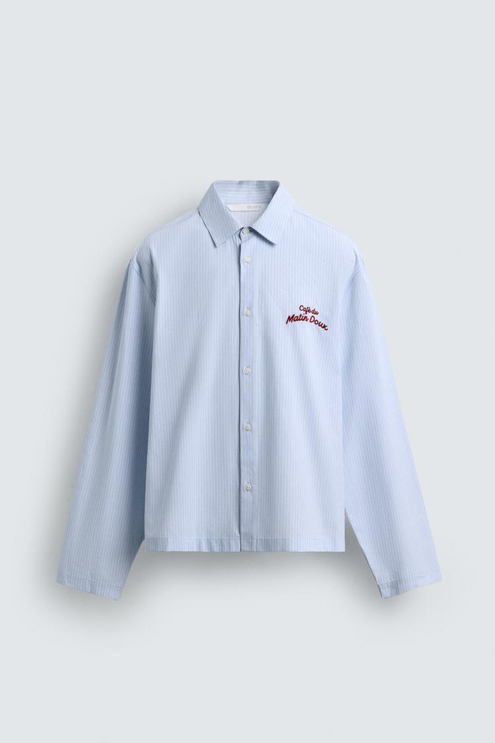 ZARA РУБАШКА В ПОЛОСКУ С ГРАФИЧЕСКИМ ПРИНТОМ, ГОЛУБОЙ