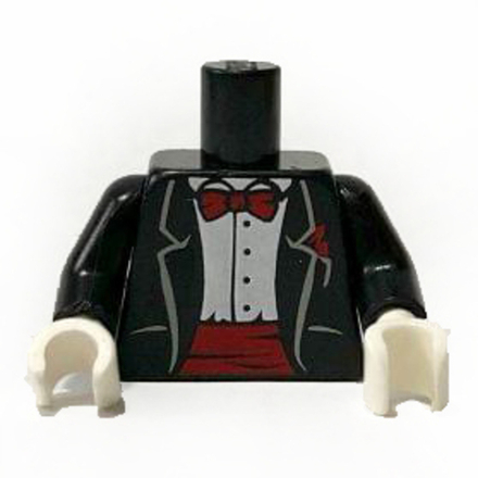 Классический пиджак с белой рубашкой, красным галстуком-бабочкой и поясом с узором