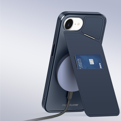 Чехол синего цвета с MagSafe и подставкой-картхолдером от Dux Ducis для iPhone 16e, серия Rafi II Mag Series