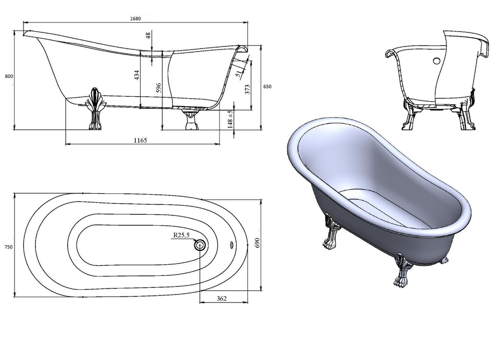 Схема ванны из литьевого мрамора Castone Даллас 170x82