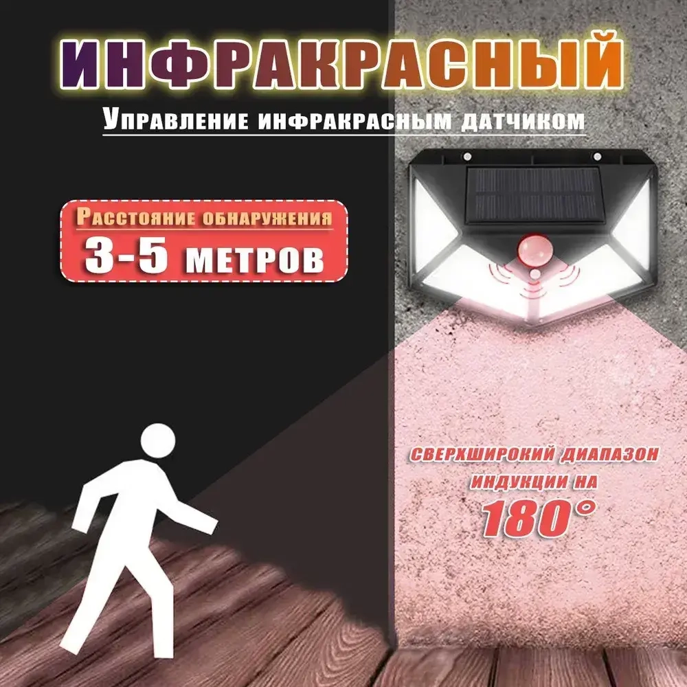 4шт Беспроводной светодиодный светильник с 100 LED лампами на солнечной батарее и датчиком движения для дома, дачи и улицы
