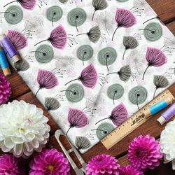 Ткань лён цветные одуванчики на белом фоне