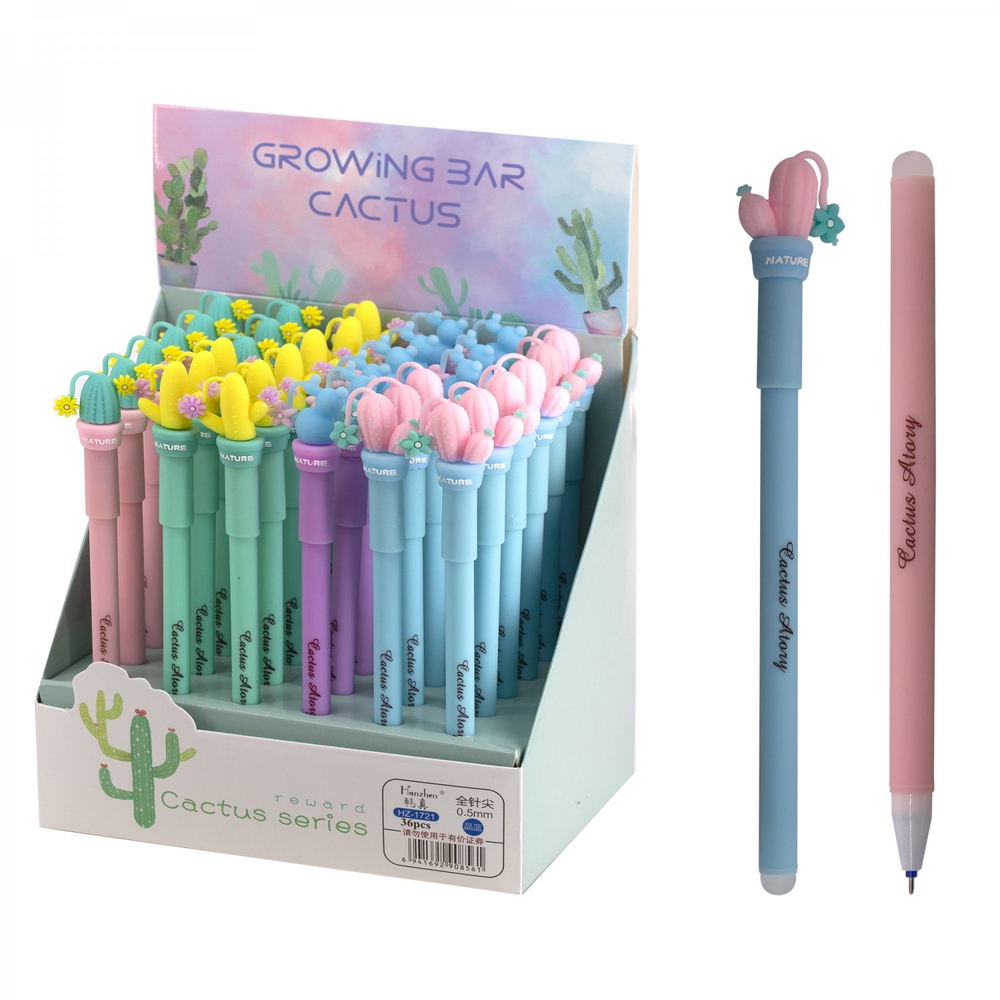 Ручка гелевая пиши-стирай Alingar, "Кактус. Nature", 0,5 мм, синяя, фигурный колпачок, круглый, цветной, пластиковый корпус, картонная упаковка