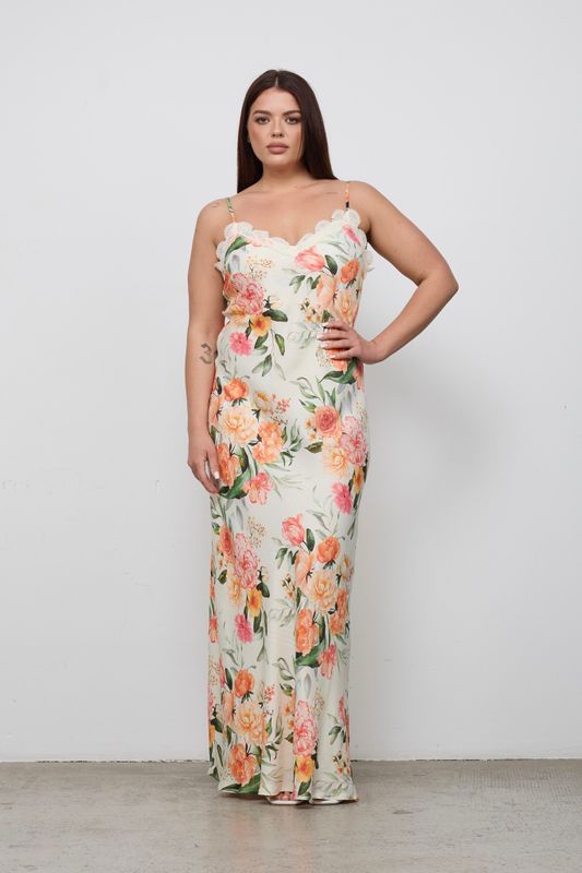 Платье-комбинация на тонких бретелях с отделкой кружевом, цветочный принт