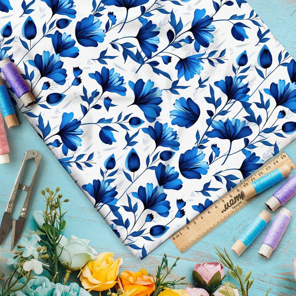 Ткань оксфорд 210 васильки в стиле гжель