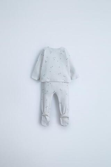 ZARA КОМПЛЕКТ ИЗ КИМОНО И ЛЕГИНСОВ В РУБЧИК И С ПРИНТОМ, ЭКРЮ