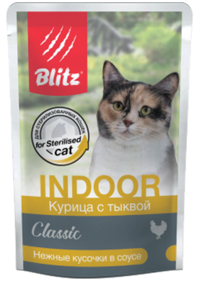 Blitz Classic Indoor Для кошек, склонных к лишнему весу Курица с тыквой (соус) 85гр.