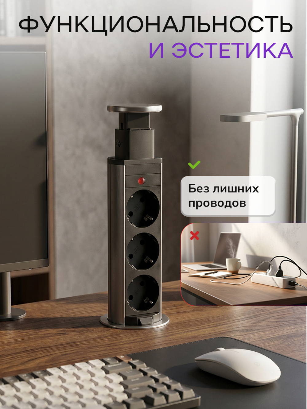 Вертикальная тройная розетка, Хром