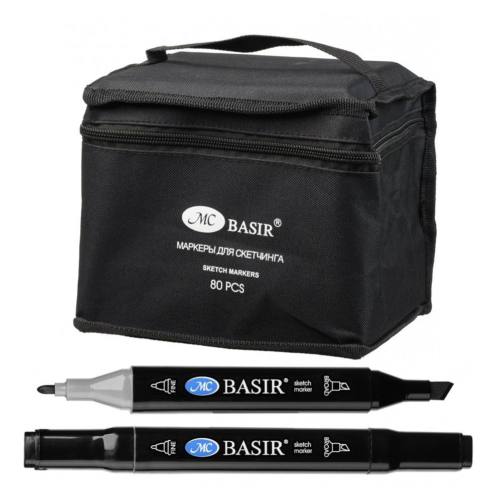 Маркер для скетчинга, двусторонние, Basir, на подставке, четырёхгранные, 14 мм, спиртовые, 80 шт
