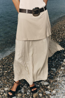 ZARA ЮБКА МИДИ ИЗ КОМБИНИРОВАННОЙ ТКАНИ С РЕМНЕМ, СВЕТЛО-БЕЖЕВЫЙ