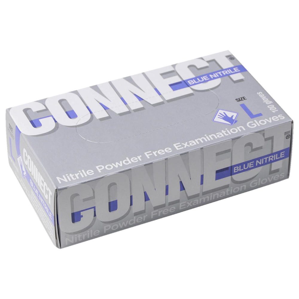 Перчатки смотровые нитриловые CONNECT, голубые, 50 пар (100 штук), размер L (большие).