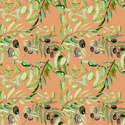 Оливки на персиковом фоне - акварельный паттерн