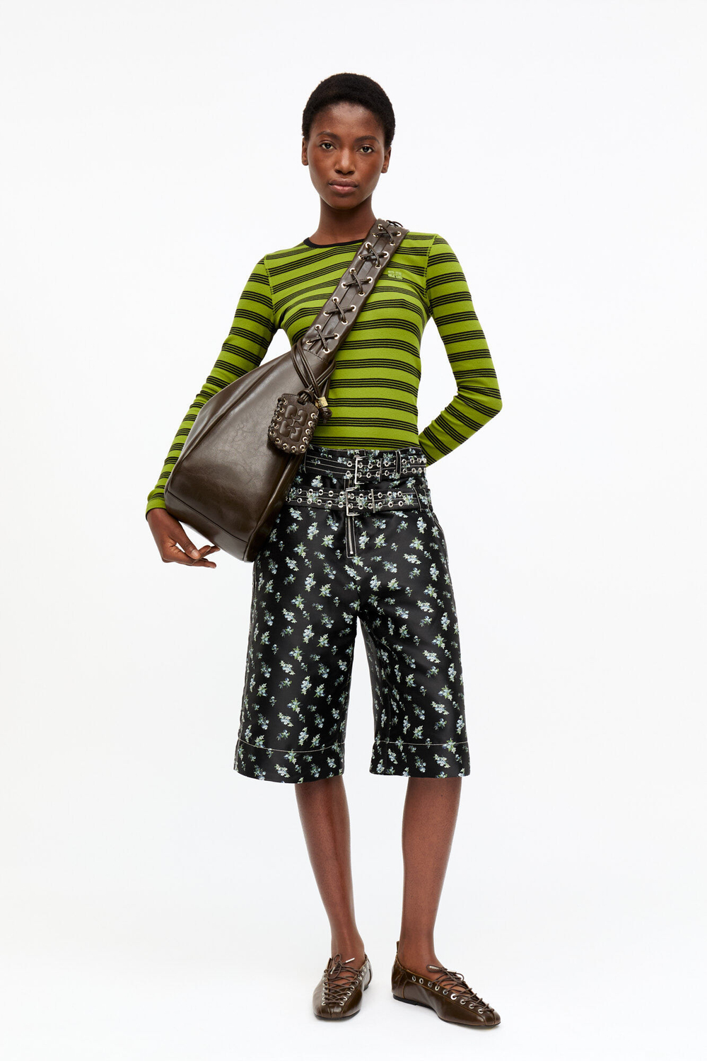 GANNI БАЛЕТКИ НА ШНУРОВКЕ, ТЕМНО-ОЛИВКОВЫЙ