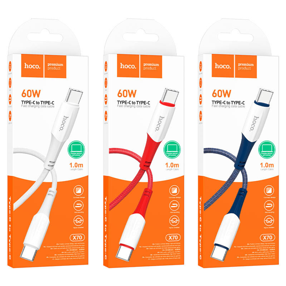 Кабель HOCO X70 Type-C-Type-C 60W 3A 1м Nylon White