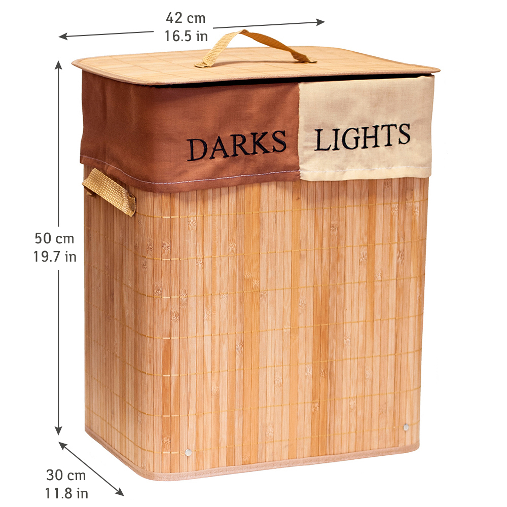 Корзина для белья Tatkraft Fortuna из бамбука с двумя отделениями на 60 литров, для разделения светлого и темного белья