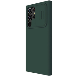 Чехол зеленого цвета (Dark Green) от Nillkin для Samsung Galaxy S22 Ultra, серия CamShield Silky Silicone с защитной шторкой для камеры