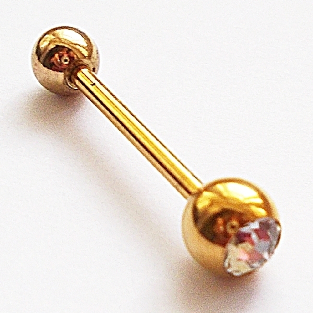 Штанга 15 мм с прозрачным кристаллом и шариком 5 мм, толщиной 1,6 мм для пирсинга языка. Медицинская сталь, золотое покрытие. 1 шт