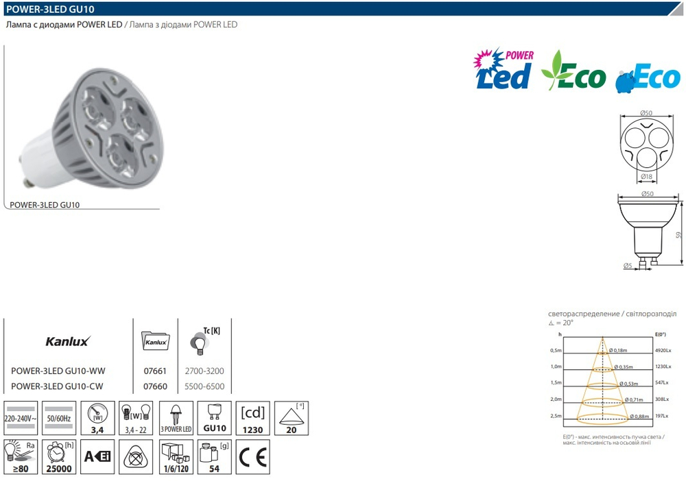 Лампа светодиодная 6500k KANLUX POWER-3LED 3,4W CW