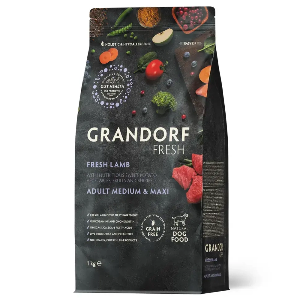 Grandorf fresh dog adult med&maxi lamb&sweet potato сухой беззерновой корм с живыми пробиотиками для взрослых собак средних и крупных пород с ягненком и бататом - 1 кг