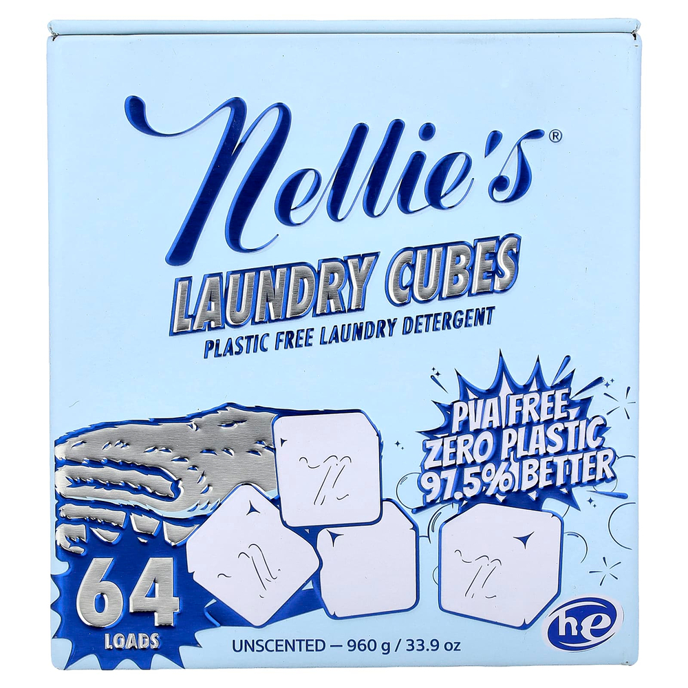 Nellie's, Cubes для стирки, средство для стирки без пластика, без отдушки, 64 загрузок, 960 г (33,9 унции)