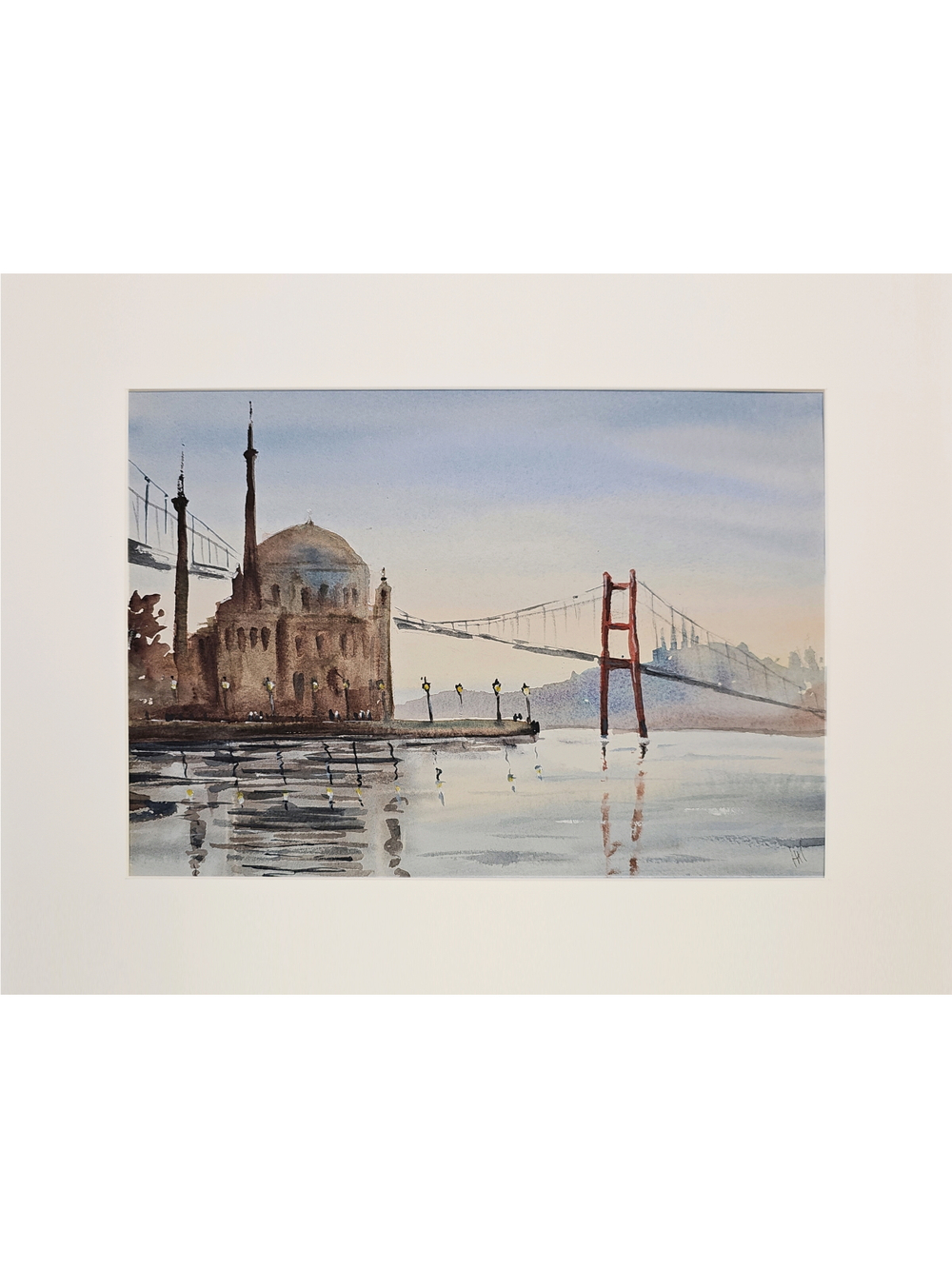 Картина авторская акварельная в паспарту 30х40 см на стену для интерьера "Мечеть Ортакей. Стамбул"