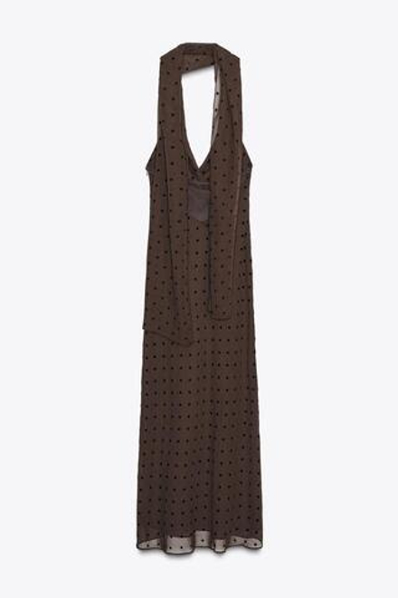 ZARA ДЛИННОЕ ПЛАТЬЕ В ГОРОШЕК С ПЛАТКОМ, КОРИЧНЕВЫЙ