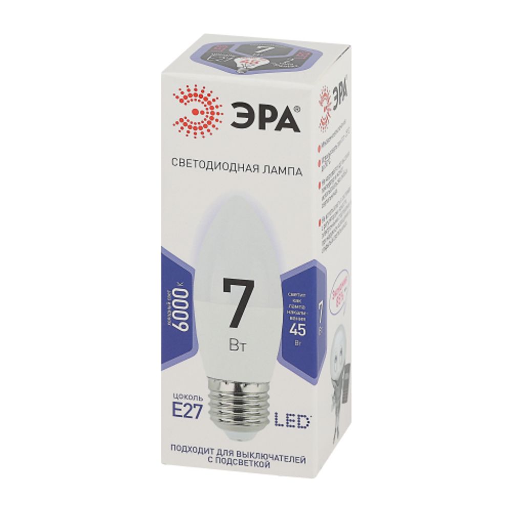 Лампа светодиодная ЭРА STD LED B35-7W-860-E27 7Вт свеча холодный дневной свет Е27 | Лампы cветодиодные Свеча (B/C)