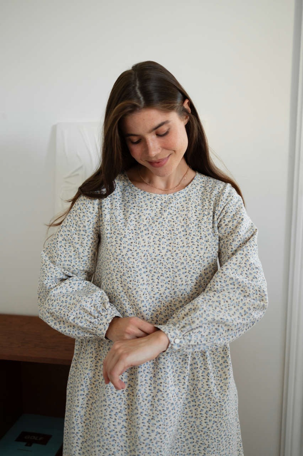 Платье Аврора из фланели, Кремовый с голубыми цветами