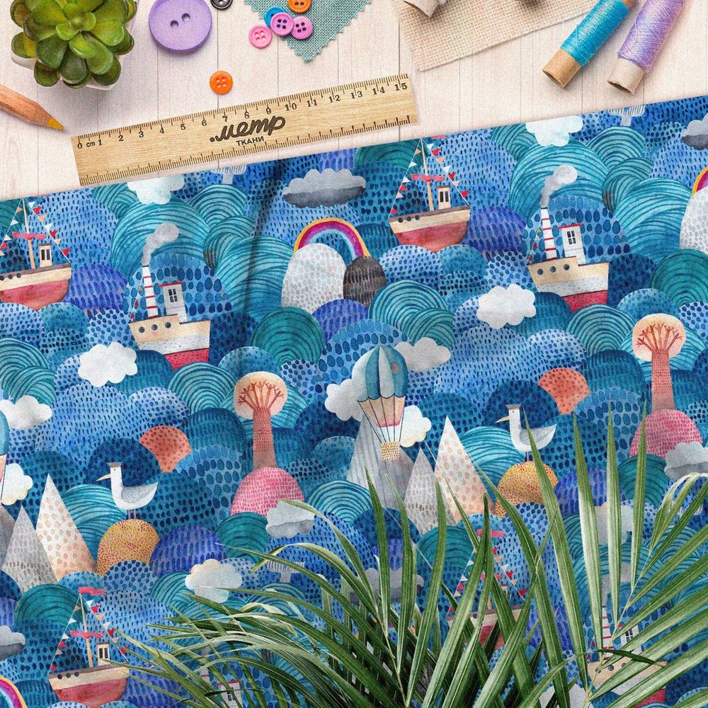 Ткань шифон морские детские корабли и горы