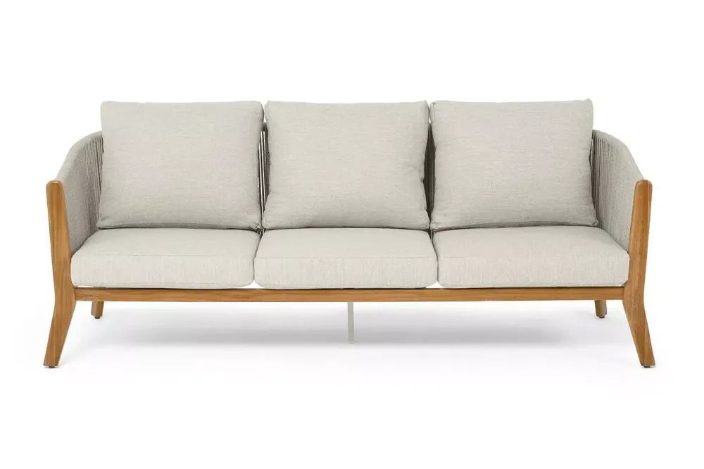 "Сидней" диван 3-местный плетеный из роупа, основание тик, каркас алюминий бежевый, роуп бежевый, ткань бежевая