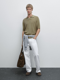 Massimo Dutti Поло с V-образным вырезом и ажурной отделкой, светлый хаки