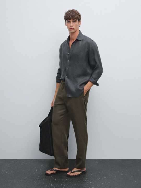 Massimo Dutti Брюки-джоггеры из 100% льна, темно-зеленый