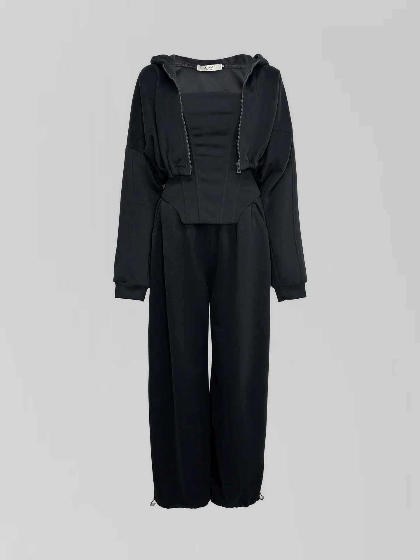 Костюм-тройка Agdali Brand 1023 спортивный из укороченной зип-кофты, широких штанов и корсета