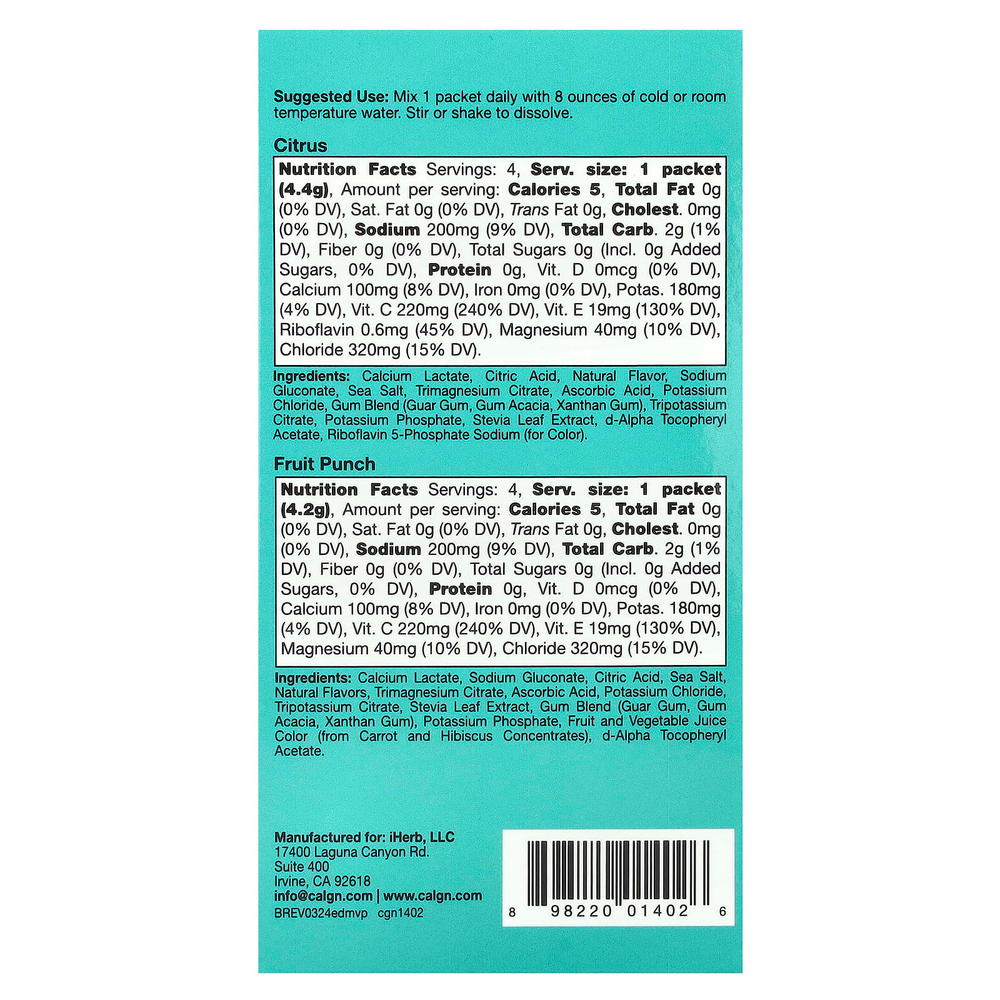 California Gold Nutrition, HydrationUP®, смесь для приготовления напитка с электролитами, с лактатом кальция, витаминами C и E, ассорти вкусов, 20 пакетиков по 4–4,8 г (0,14–0,17 унции)